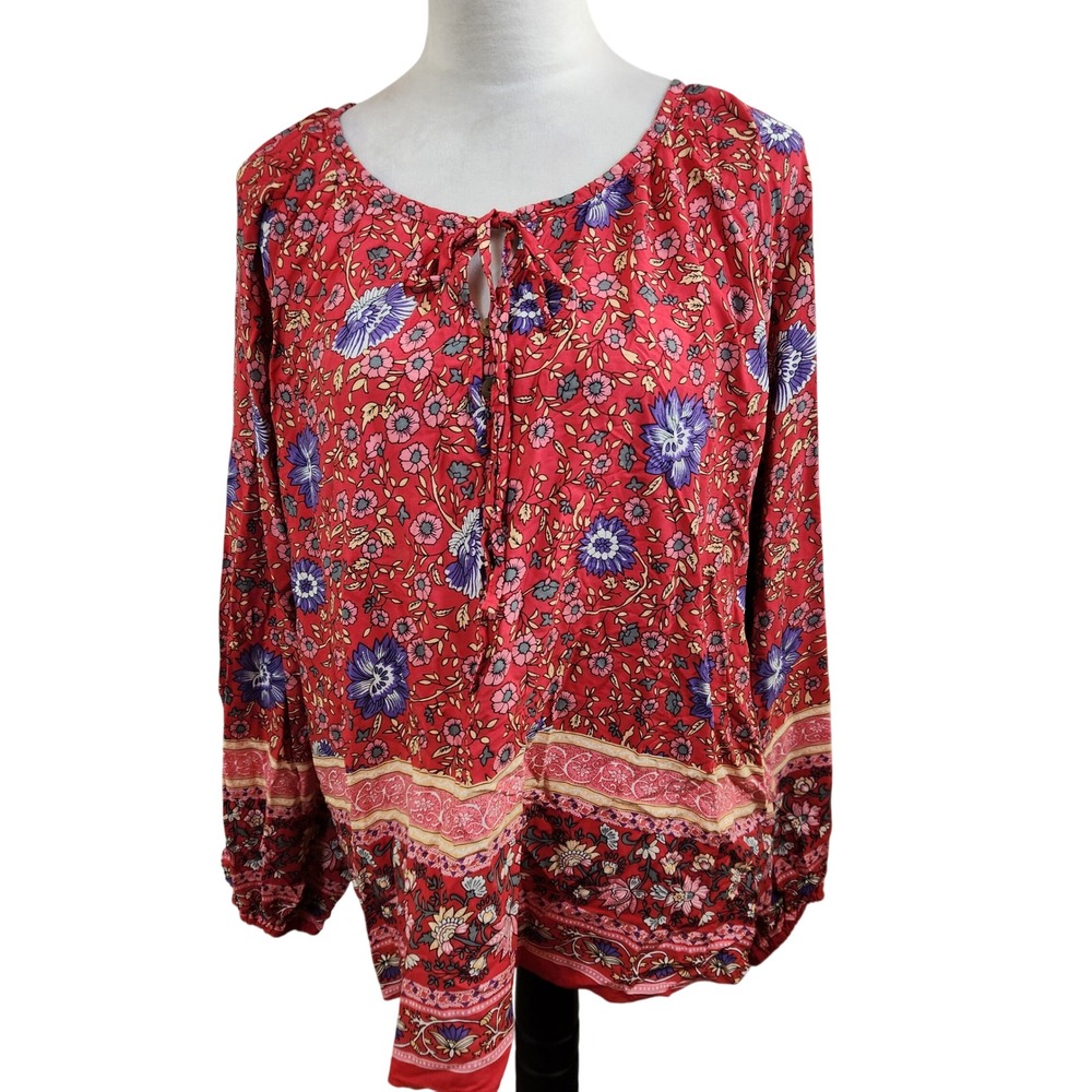 NOVICA XL Red Floral Print Boho Blouse Long‎ Sleeve Peasant Top Womens Festival